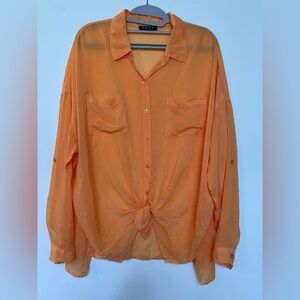 Maven West Cargo Pocket Top in Tangerine | Women’s‎ Sheer Button-Up Blouse